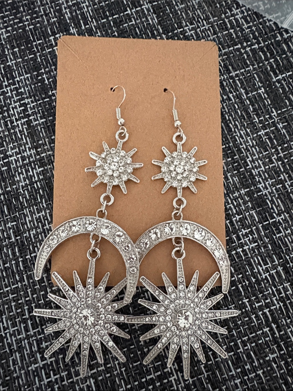 Silver Crystal Sun & Moon Drop Earrings - Dazzling Starburst Design